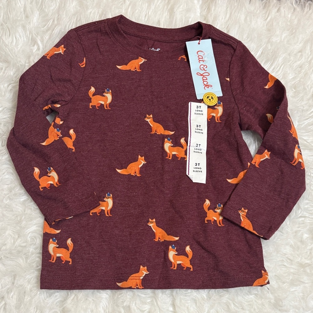 NWT Cat & Jack Maroon Fox Long Sleeve Printed Top 3T